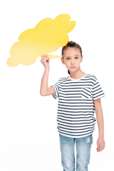 Niño sosteniendo burbuja del habla - foto de stock