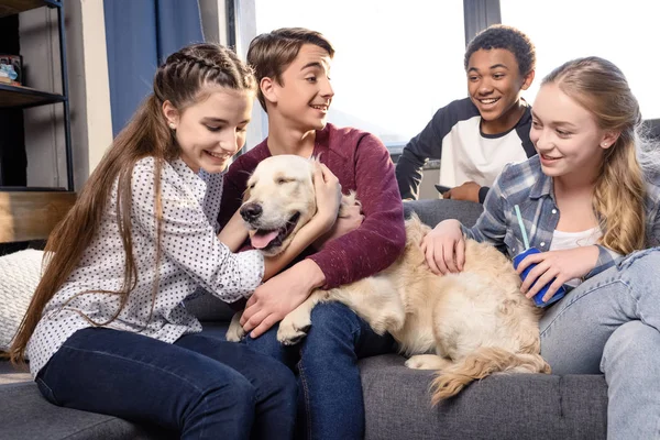 Adolescentes con perro golden retriever - foto de stock