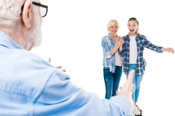 Happy granddaughter with skateboard — Stock Photo