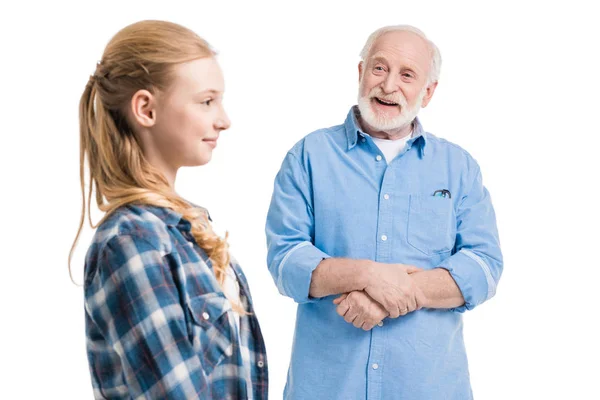 Grandfather and granddaughter posing — Stock Photo