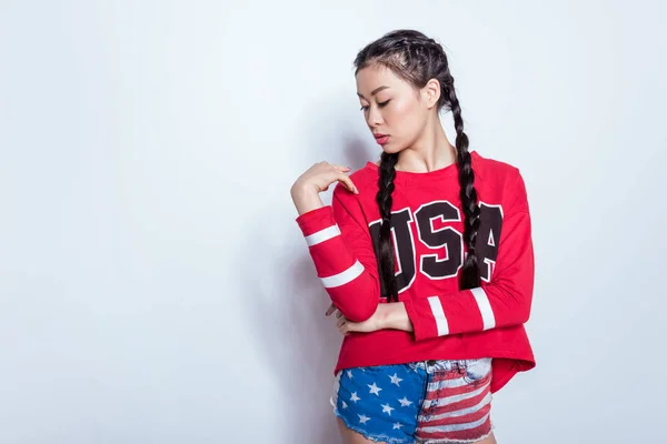 Girl in american patriotic outfit — Stock Photo