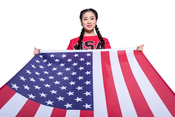 Menina asiática com bandeira americana — Fotografia de Stock