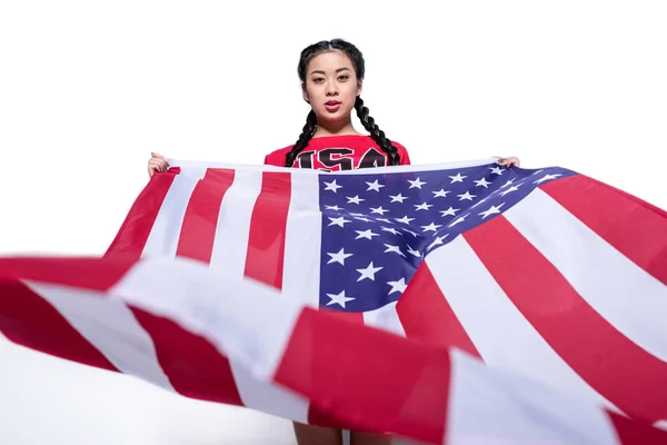 Menina asiática com bandeira americana — Fotografia de Stock