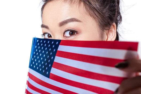 Chica con bandera americana - foto de stock
