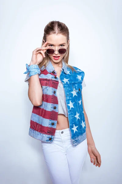 Girl in patriotic denim vest — Stock Photo