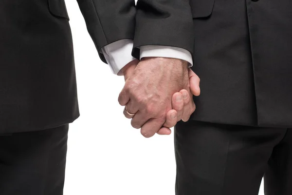 Гомосексуальная пара в костюмах, держащаяся за руки — стоковое фото