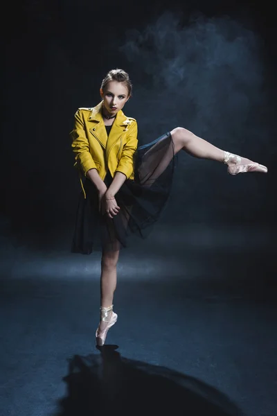 Ballerina in tutu and leather jacket — Stock Photo