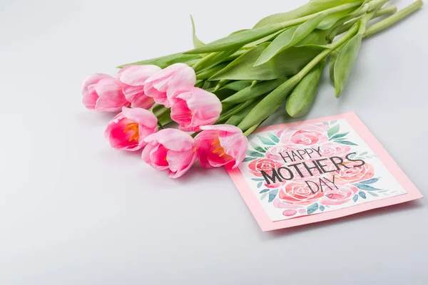 Pink tulips and postcard — Stock Image Pink tulips and postcard Stock Photo
