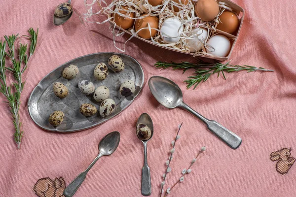 Eggs and old cutlery — Stock Photo