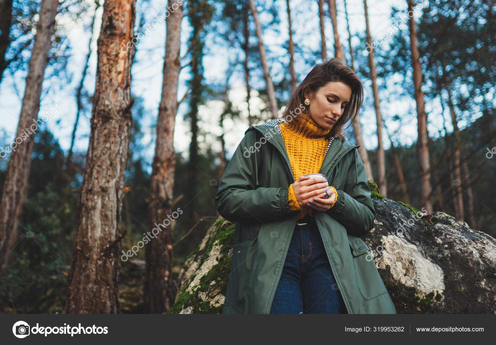 Tourist traveler think relax green forest landscape blue sky, hipster woman hold hot tea rest nature trip, hiking leisure