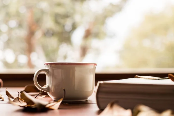 Weißes Buch Und Kaffeetasse Mit Blättern Herum — Stockfoto