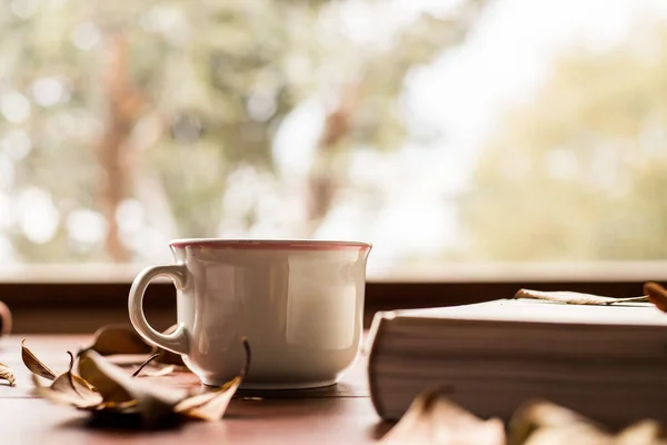 Etrafında yapraklar olan beyaz kitap ve kahve fincanı