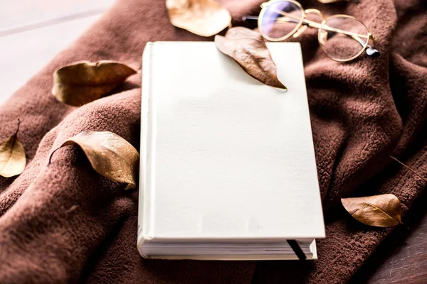Weißes Buch Und Brille Auf Brauner Decke Mit Blättern — Stockfoto