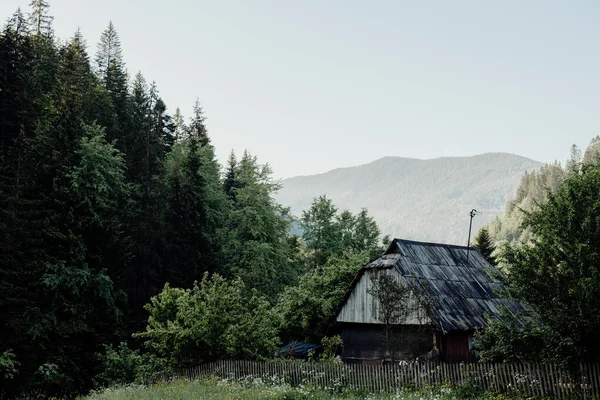 Oud Houten Huis Met Een Hek Een Groen Gazon Met — Stockfoto