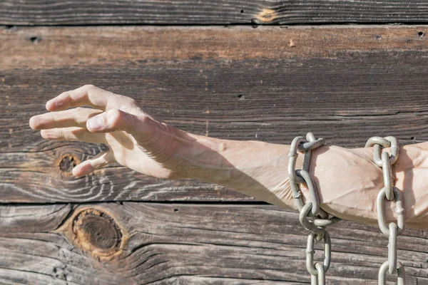 Men Hands Tied Metal Chain — Stock Photo, Image