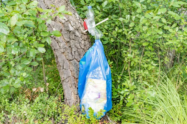 Package with garbage,waste hanging on a tree