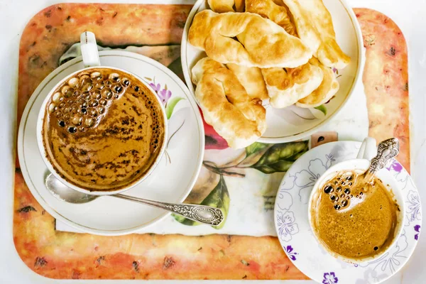 Two Cups Coffee Cookies Tray — Stock Photo, Image