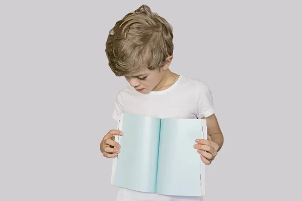 Маленький мальчик с книгой позирует — стоковое фото