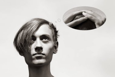 Farklı şeyler düşünen genç bir adamın kolajı.