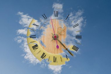 Collage of the clock face and clouds in the sky clipart