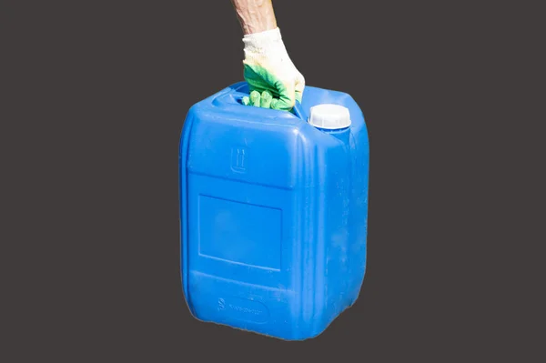 Man Holding Blue Canister — Stock Photo, Image