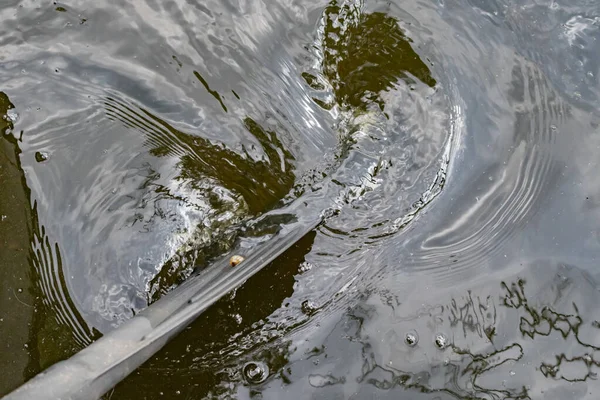 Paddle from an inflatable boat rowing on the water