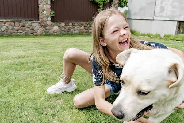 Kleines Mädchen Spielt Mit Hund — Stockfoto