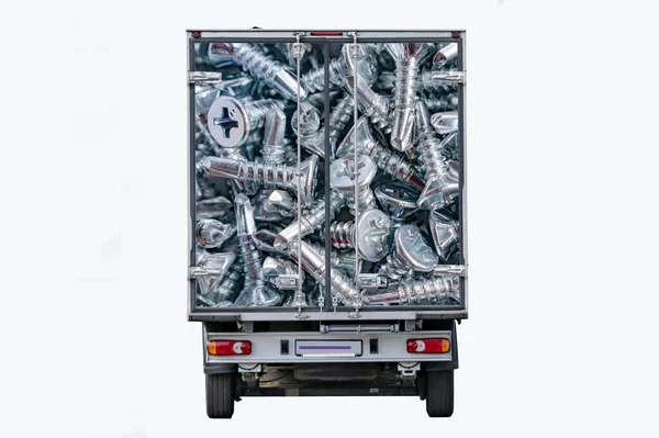 Vista Posteriore Del Camion Con Immagine Viti Costruzione — Foto Stock
