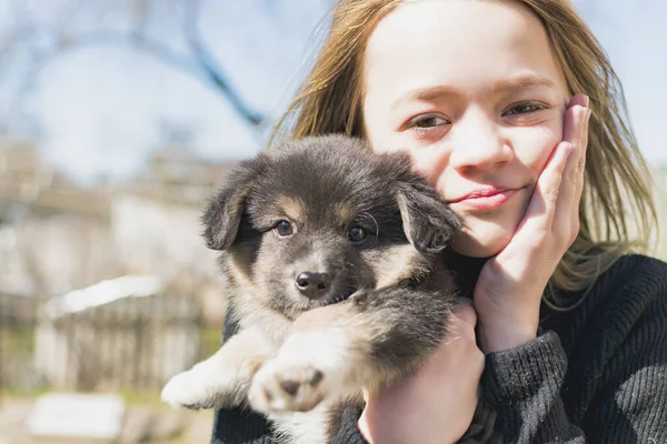 Young Girl Holds Furry Puppy Her Arms — Stock Photo, Image