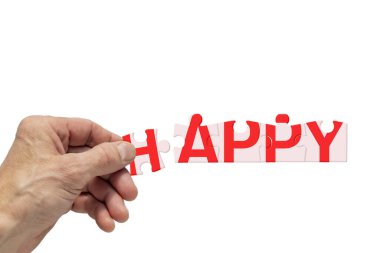 Bir adamın elinin kolajı ve beyaz arka planda bulmacalar