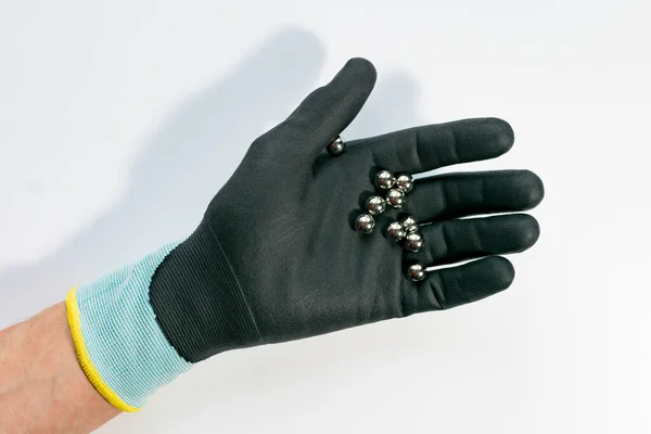 Collage Der Hand Eines Mannes Handschuhen Und Metallkugeln — Stockfoto