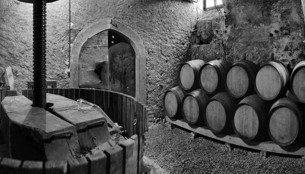 Barrels of wine in a wine cella