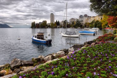 Cenevre Gölü ve Alpler İsviçre Montreux görünümü 