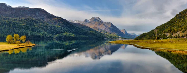 Mountain lake panorama with mountains reflection. Idyllic look.