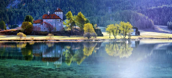 Mountain lake panorama with mountains reflection. Idyllic look.