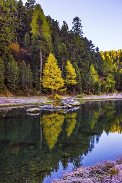 Mountain lake panorama with mountains reflection. Idyllic look. — Stock Photo, Image
