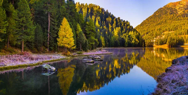 Mountain lake panorama with mountains reflection. Idyllic look.