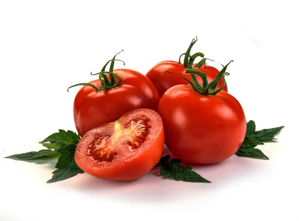 Tomate Geschnitten Mit Blatt Für Verpackung Und Etikett Stillleben Ernten — Stockfoto