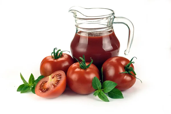 Fresh Red Tomatoes Basket Tomato Juice Glass Jug White — Stock Photo, Image