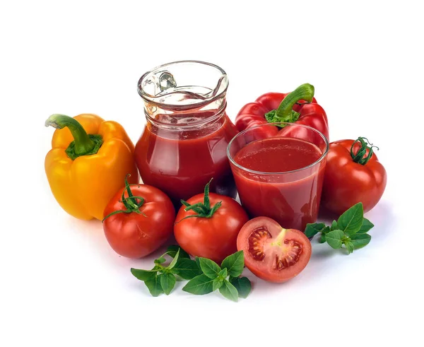 Vegetable Juice Tomato Pepper Basil White Background — Stock Photo, Image
