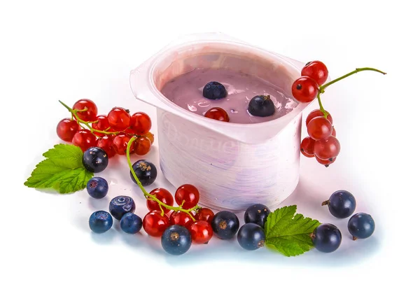Yogurt Currant Berries White Background — Stock Photo, Image