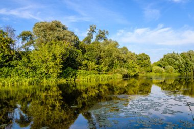 Yaz sıcak akşamı. Nehir suyundaki mavi gökyüzünün yansıması..