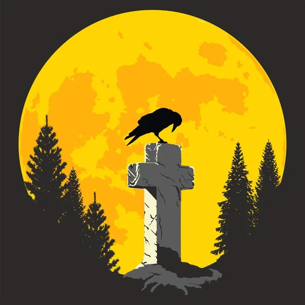 Crow on a cross in the moonlight — Stock Vector