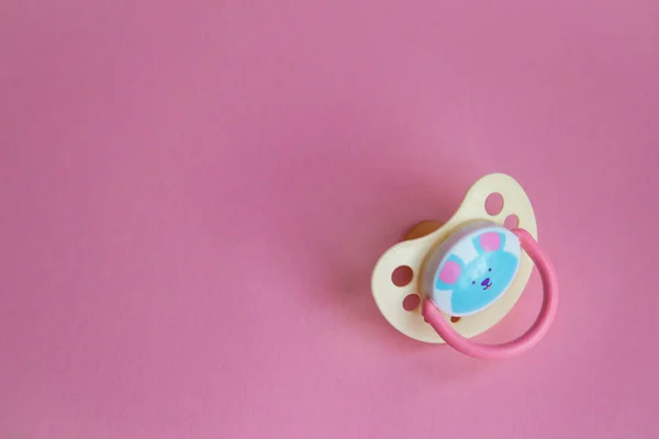 Baby Pacifier with blue rabbit on pink background closeup. the baby stuff. place for text.