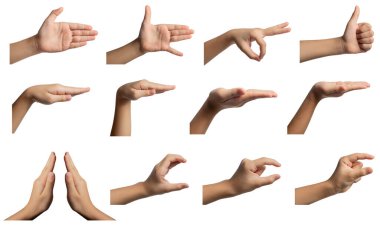 Asyalı kadın çocuk elinin el hareketleri ve işaretleri, birden fazla seçenek. Kırpma yolunu içerir.