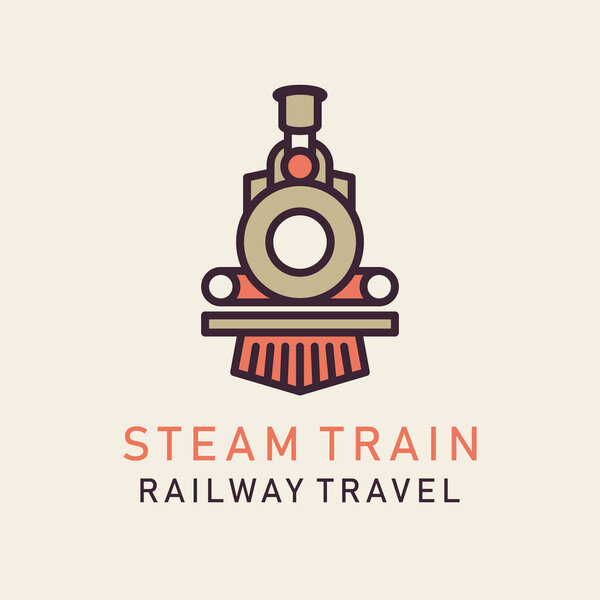 Flat image of retro steam train. Locomotive logo. Railway vector image