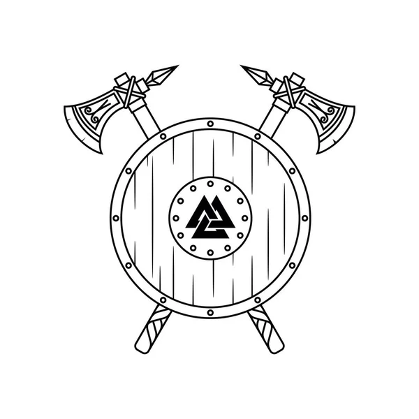Dvě Polemiky Vikingský Štít Skandinávské Válečnické Vektorové Logo — Stockový vektor