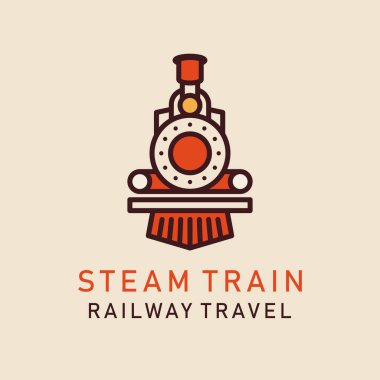 Retro buhar treninin düz görüntüsü. Lokomotif logosu. Demiryolu vektör resmi