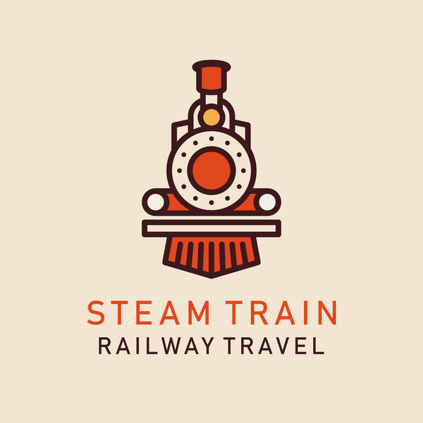 Flat image of retro steam train. Locomotive logo. Railway vector image