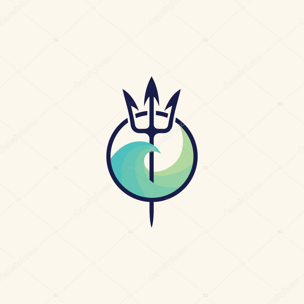 Neptune trident logo and sea wave. The symbol of the god of the seas is the trident of Poseidon.
